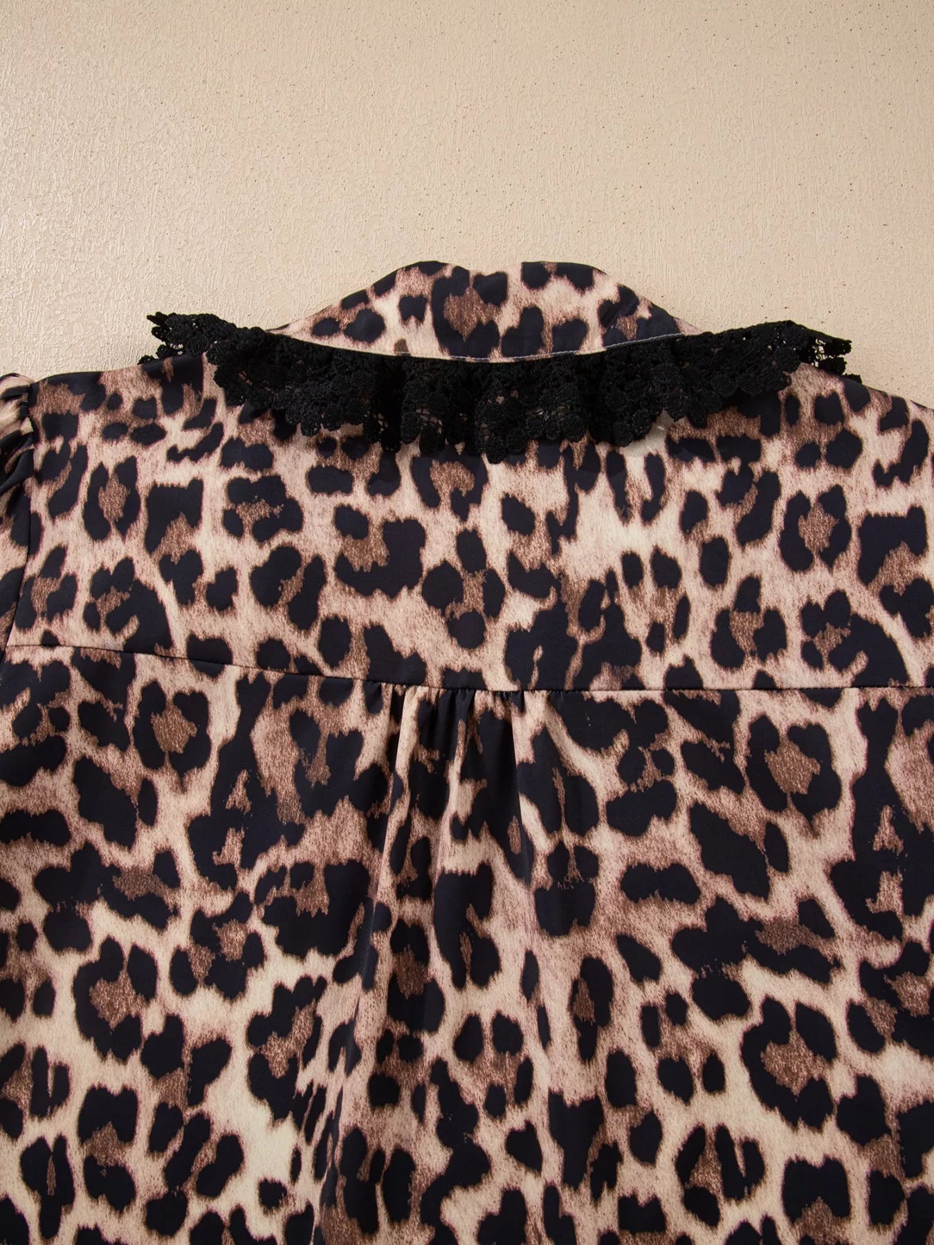 Leopard Print Button Down Lace Trim Short Sleeve Shirt