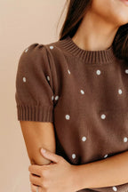 Ribbed Polka Dot Round Neck Knit Top
