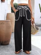 Crochet Trim Tie Waist Wide Leg Pants