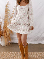 Floral Print Long Sleeve Ruffle Detail Flared Mini Dress