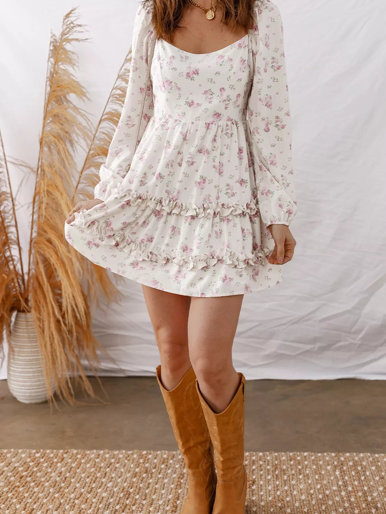 Floral Print Long Sleeve Ruffle Detail Flared Mini Dress