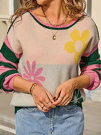 Floral Striped Sleeve Round Neck Sweater