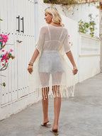 Openwork Fringe Slit Front Knit Cover Up