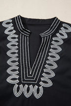 Short Puff Sleeve Contrast Embroidered Detail V Neck Blouse