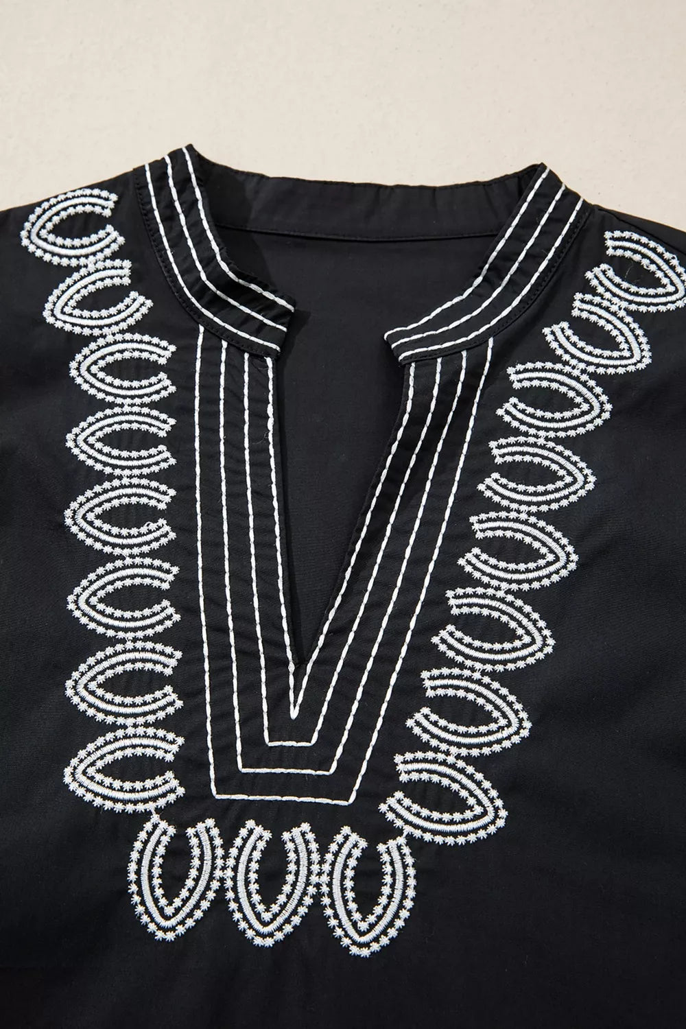 Short Puff Sleeve Contrast Embroidered Detail V Neck Blouse