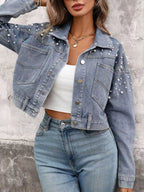 Pearl Embellished Cropped Denim Jacket