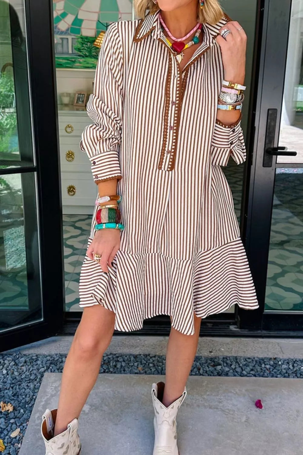 Striped Ruffle Hem Shirt Dress