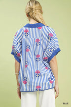 Umgee Stripe Embroidered Button-Front Boho Blouse