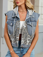 Leopard Button Up Hooded Denim Vest