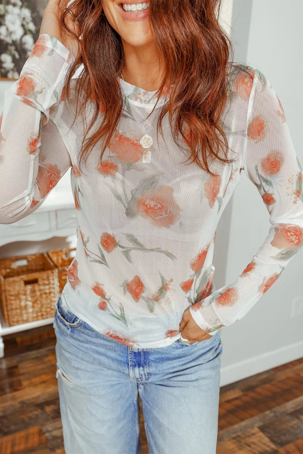 Floral Print Sheer Mesh Long Sleeve T-Shirt