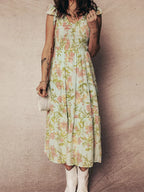 Smocked Bodice Ruffled Sleeveless Tiered Floral Dress