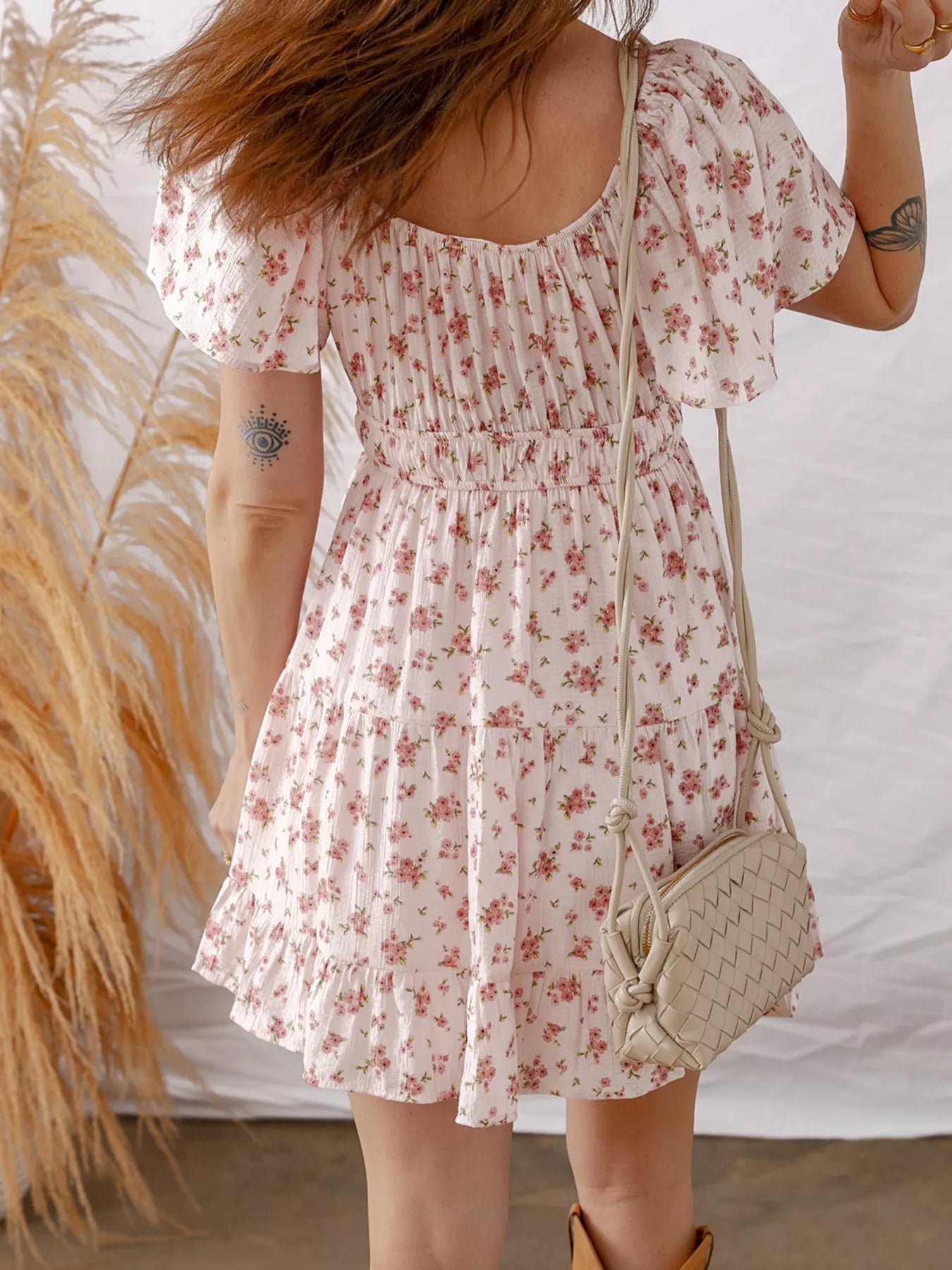 Front Tie Shirred Waist Short Sleeve Ruffled Floral Mini Dress