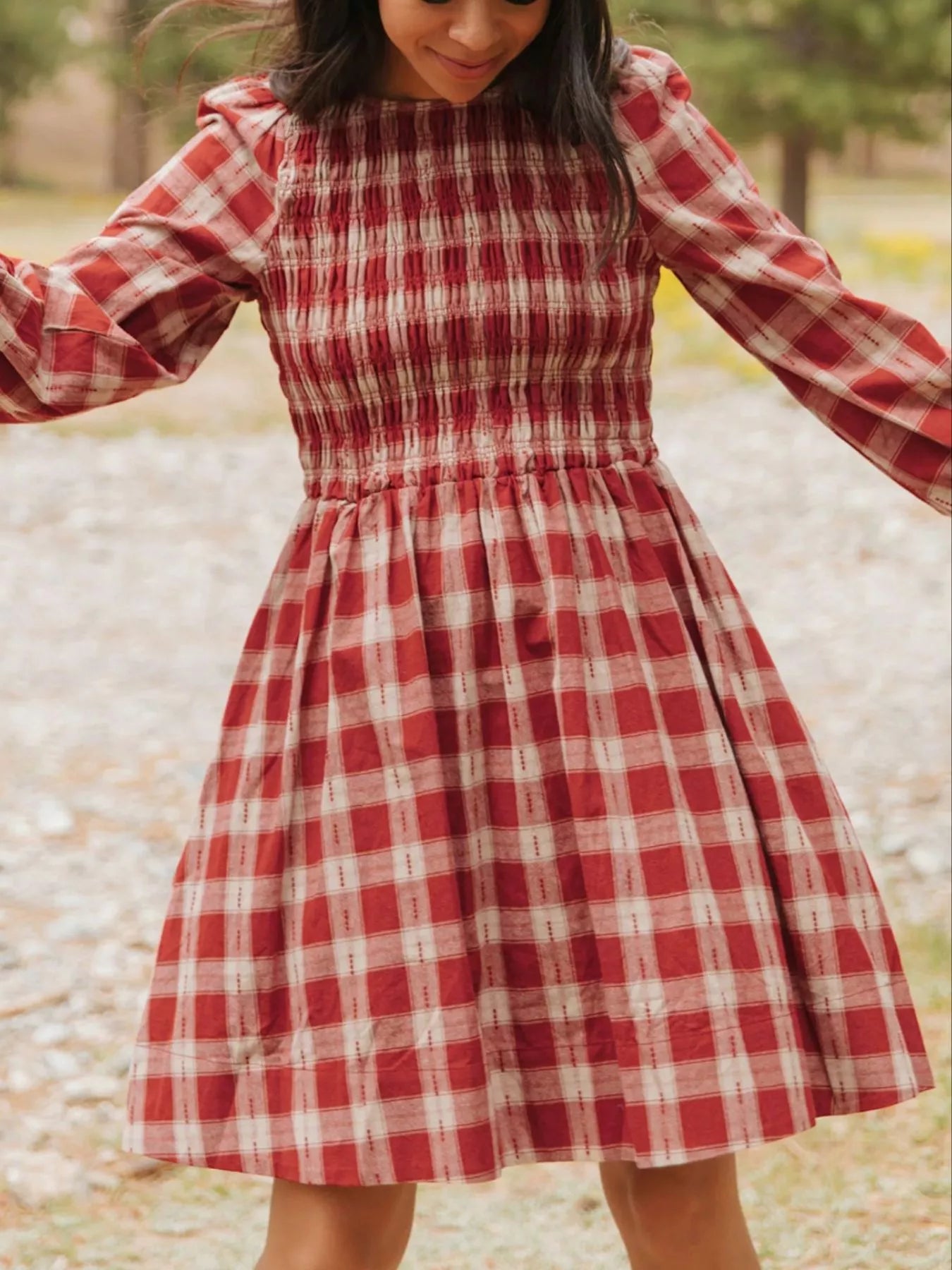 Plaid Smocked Long Sleeve Mini Dress
