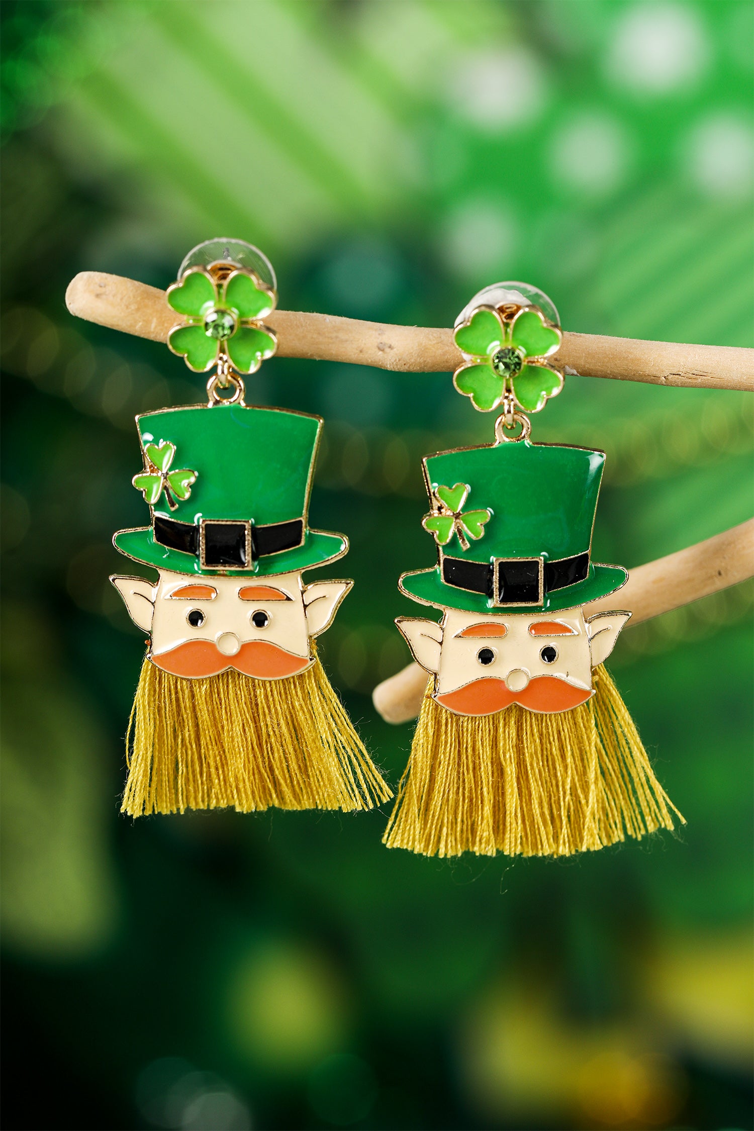 Green St Patricks Day Clover Leprechaun Tassel Drop Earrings
