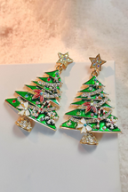 Bright Green Rhinestone Embellished Star Christmas Tree Earrings