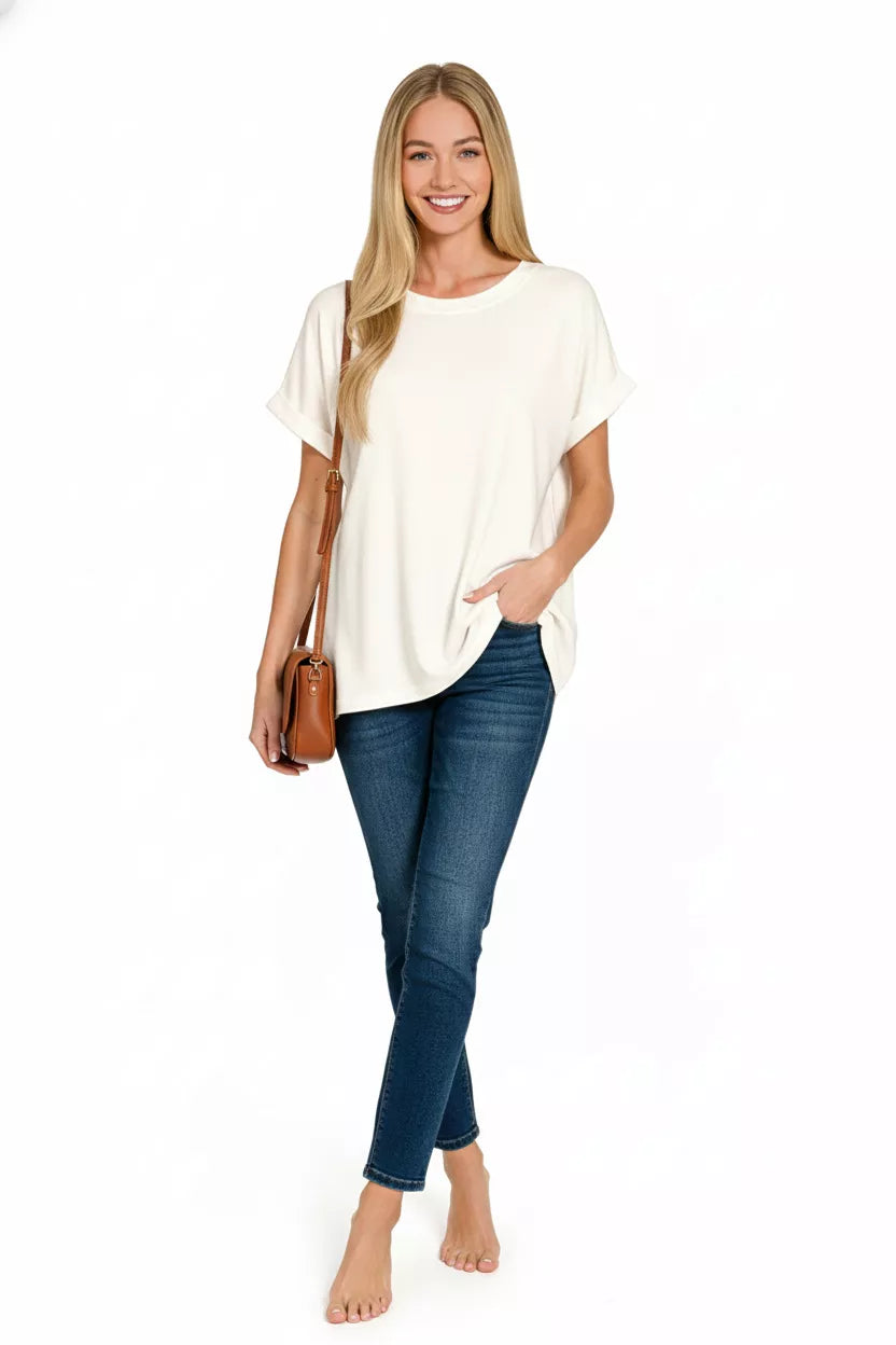 Zenana Soft Melange Hacci Short Sleeve Round Neck Top