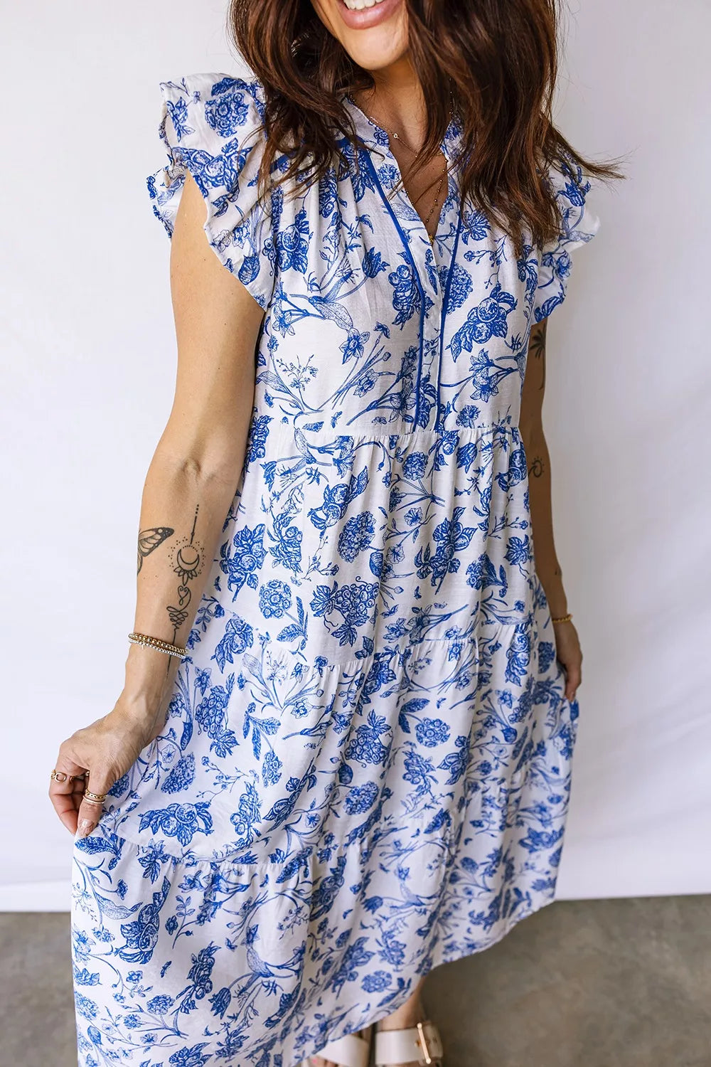 Ruffled Short Sleeve Tiered Floral Midi Dress