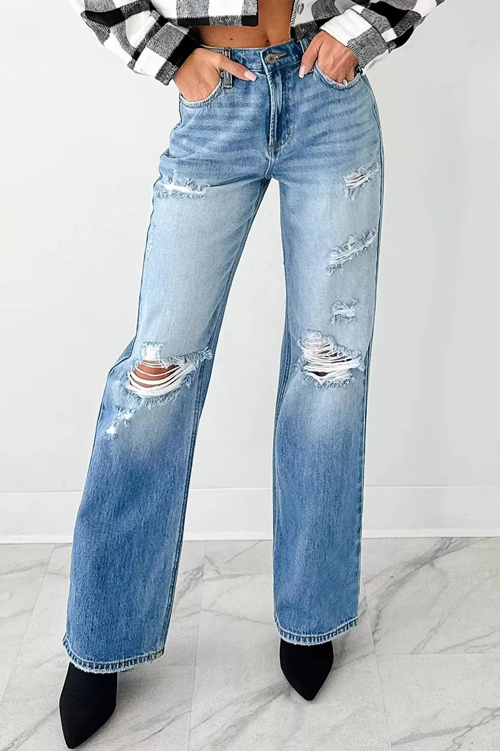Mid Rise Distressed Sneak Peek Straight Leg Jeans