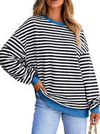 Striped Round Neck Dropped Shoulder Sweatshirt
