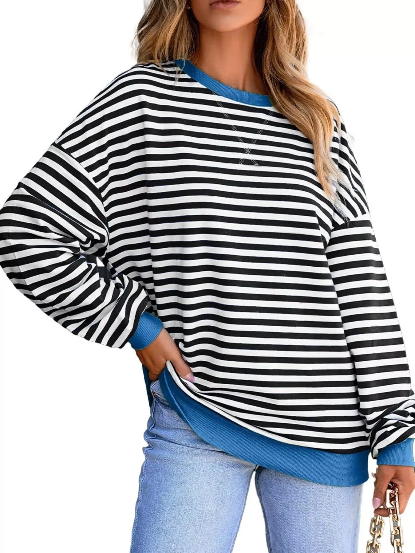 Striped Round Neck Dropped Shoulder Sweatshirt