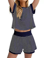 Full Size Striped Round Neck Top and Shorts Set Plus Size