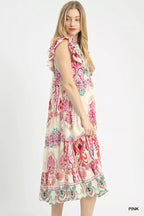 Umgee Boho Boarder Print Ruffle Midi Dress