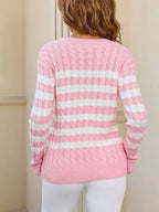 Striped Cable Knit Round Neck Sweater