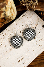 Black Crystal Checkered Heart Studded Trim Vintage Earrings