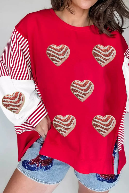 Color Block Striped Patchwork Valentines Day Sequin Heart Graphic Sweatshirt