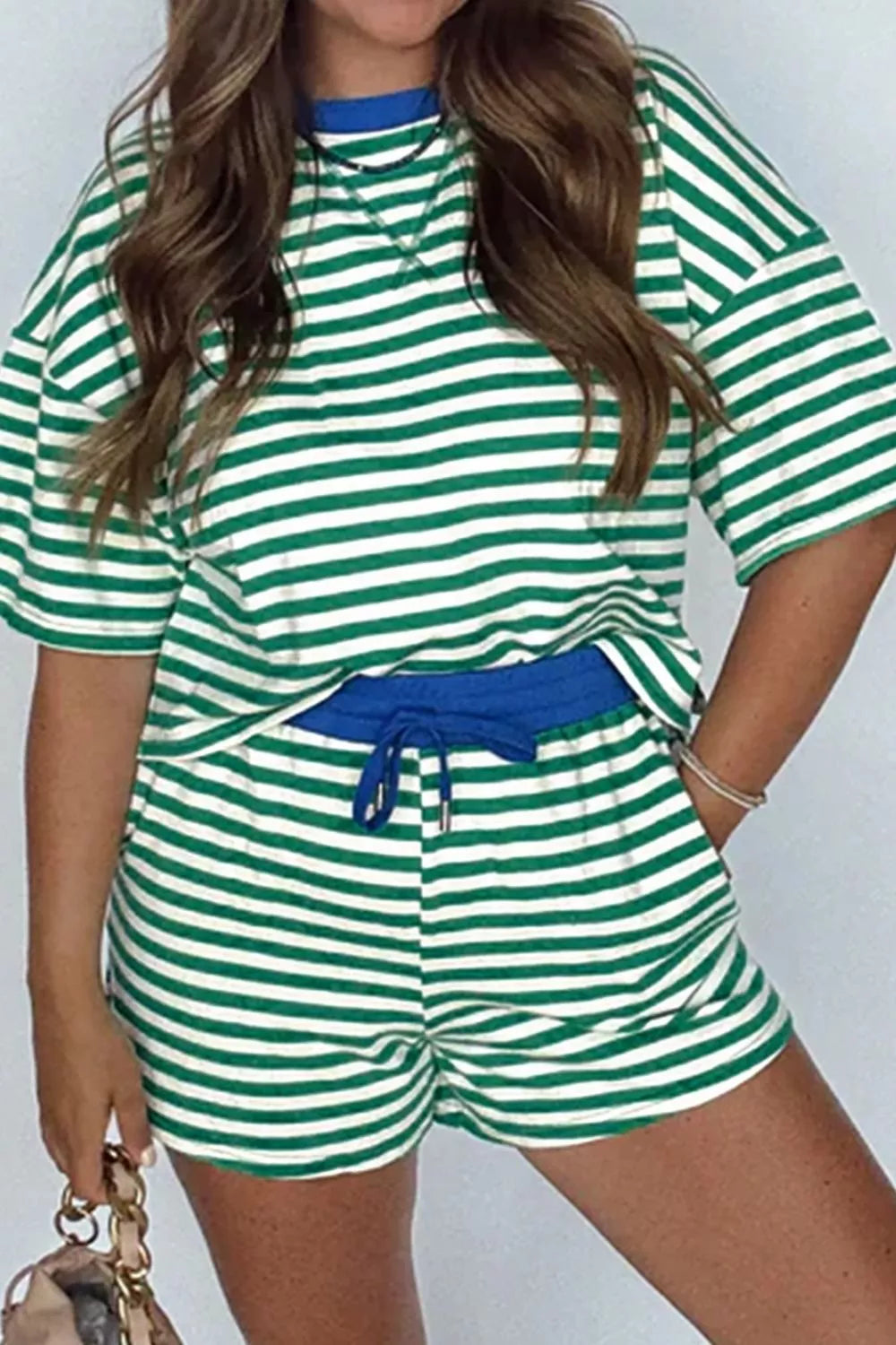 Striped Round Neck Top and Shorts Set