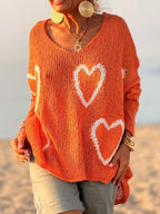 Heart V-Neck Dropped Shoulder Sweater
