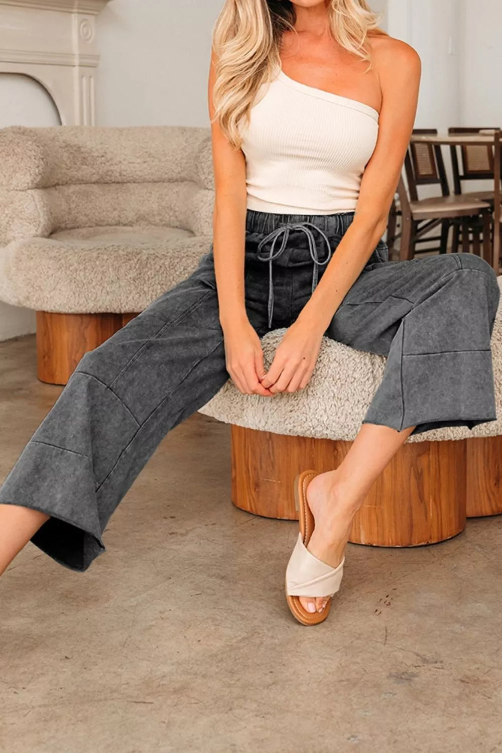 Mineral Wash Lace-up High Waist Raw Hem Patched Pocket Pants