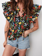 Tiered Flutter Sleeve V Neck Flower Blouse
