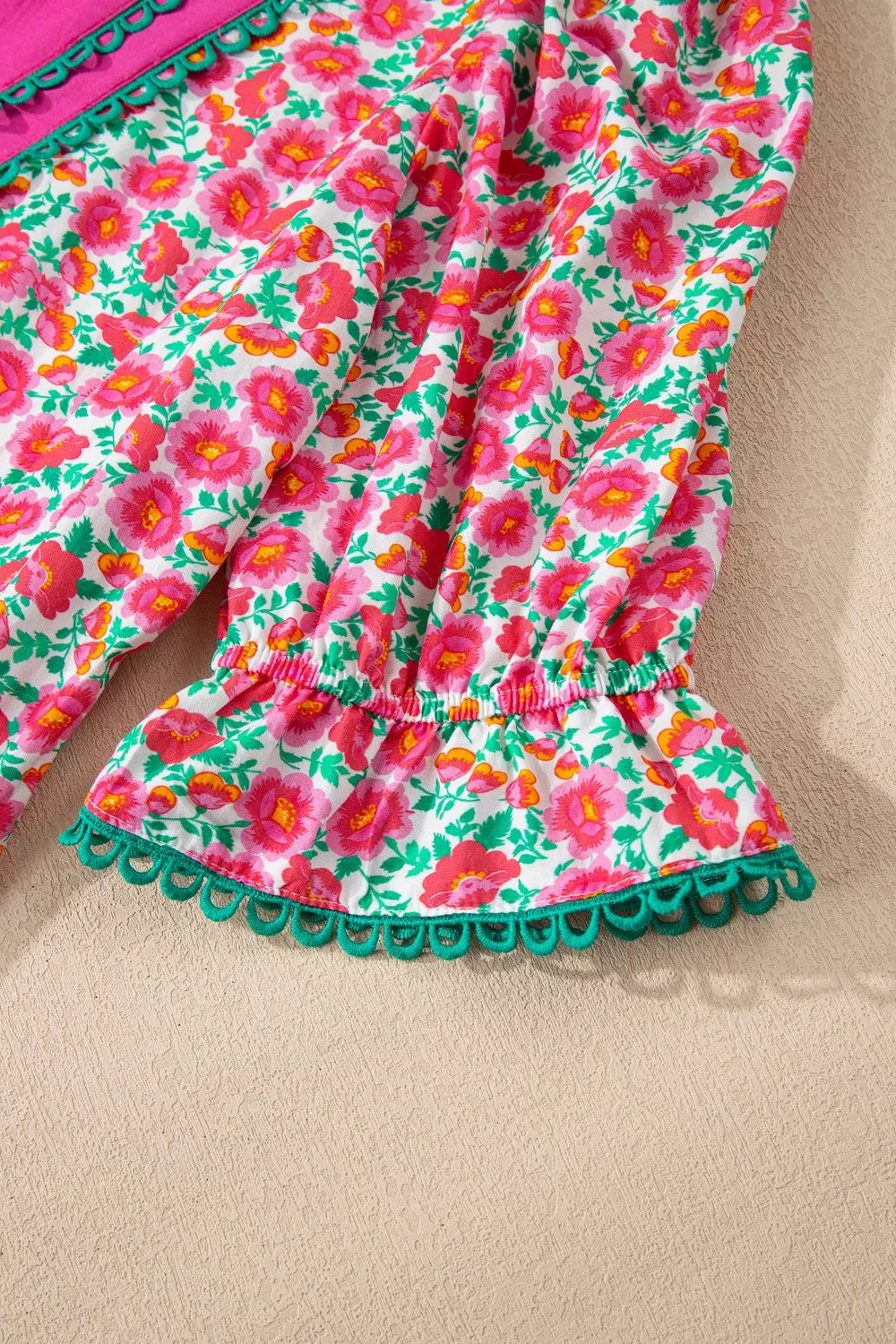 Floral Print V Neck Patchwork Short Bubble Sleeve Mini Dress