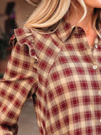 Plaid Print Ruffled Long Sleeve Patchwork Hem Mini Shirt Dress