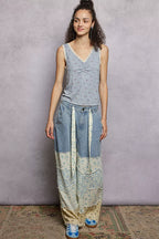 POL Ruched Floral V-Neck Tank with Lace Detail