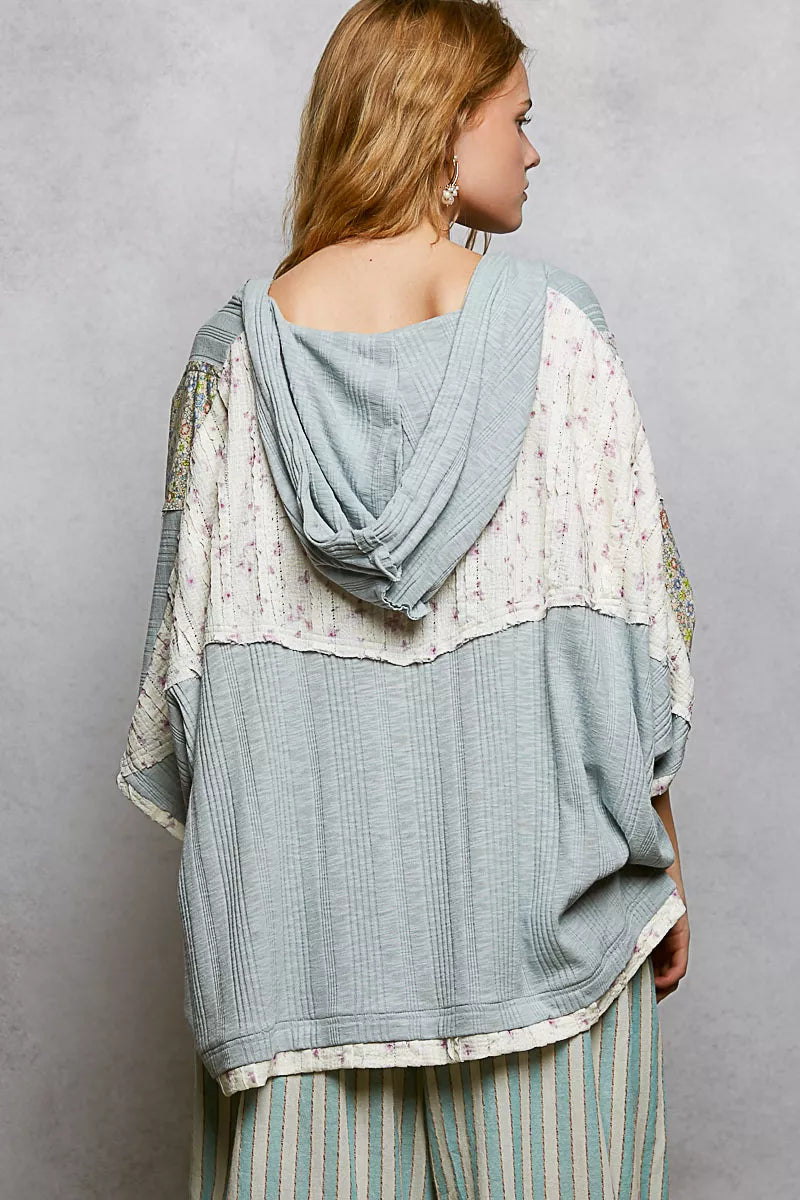 POL Floral Star Patch Hooded Blouse with Lace Contrast Detail