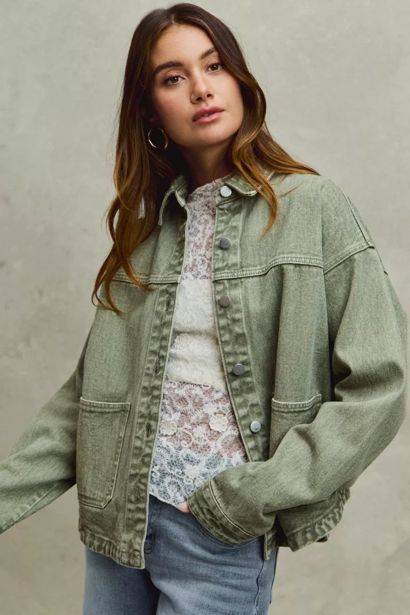 SO ME Vintage Washed Button Twill Shacket