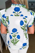 Floral Print Ruffle Trim Blouse