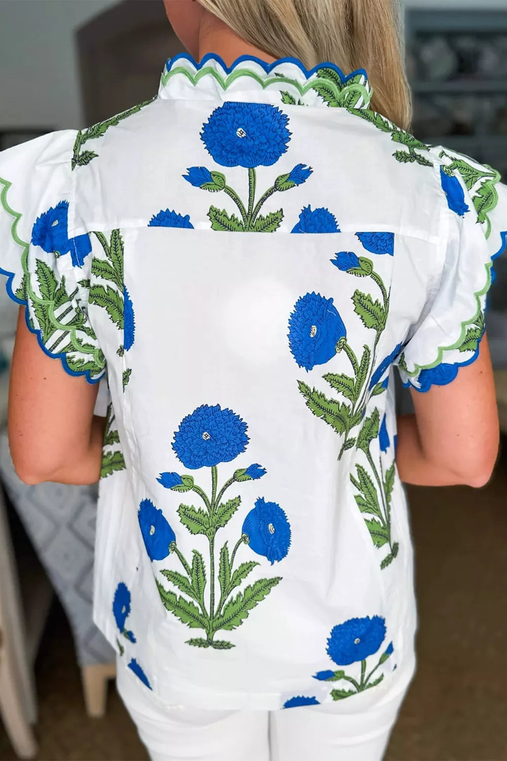 Floral Print Ruffle Trim Blouse