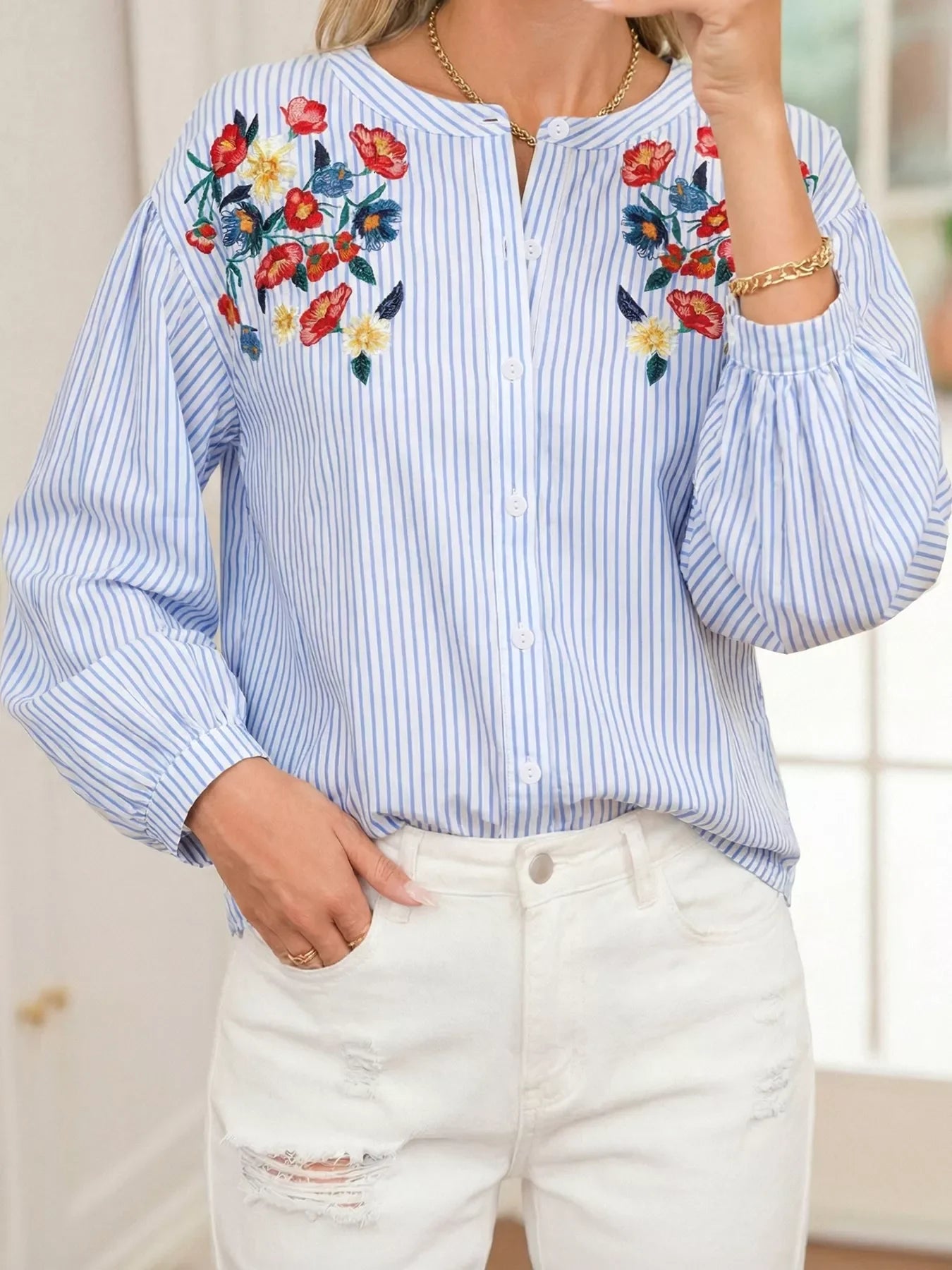 Stripe Floral Embroidered Billowy Sleeve Tunic Baggy Shirt