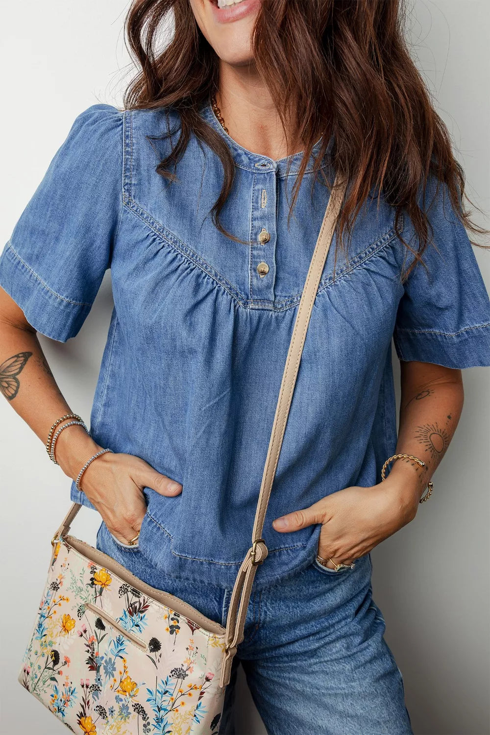 Pleated Detail Half Button Short Sleeve Denim Top