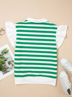 Stripe Collar V Neck Ruffled Short Sleeve Blouse