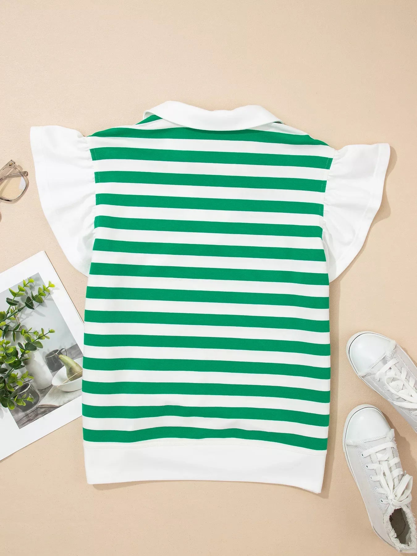 Stripe Collar V Neck Ruffled Short Sleeve Blouse