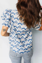 Floral Print Flounced Short Sleeve Contrast Trim V Neck Blouse