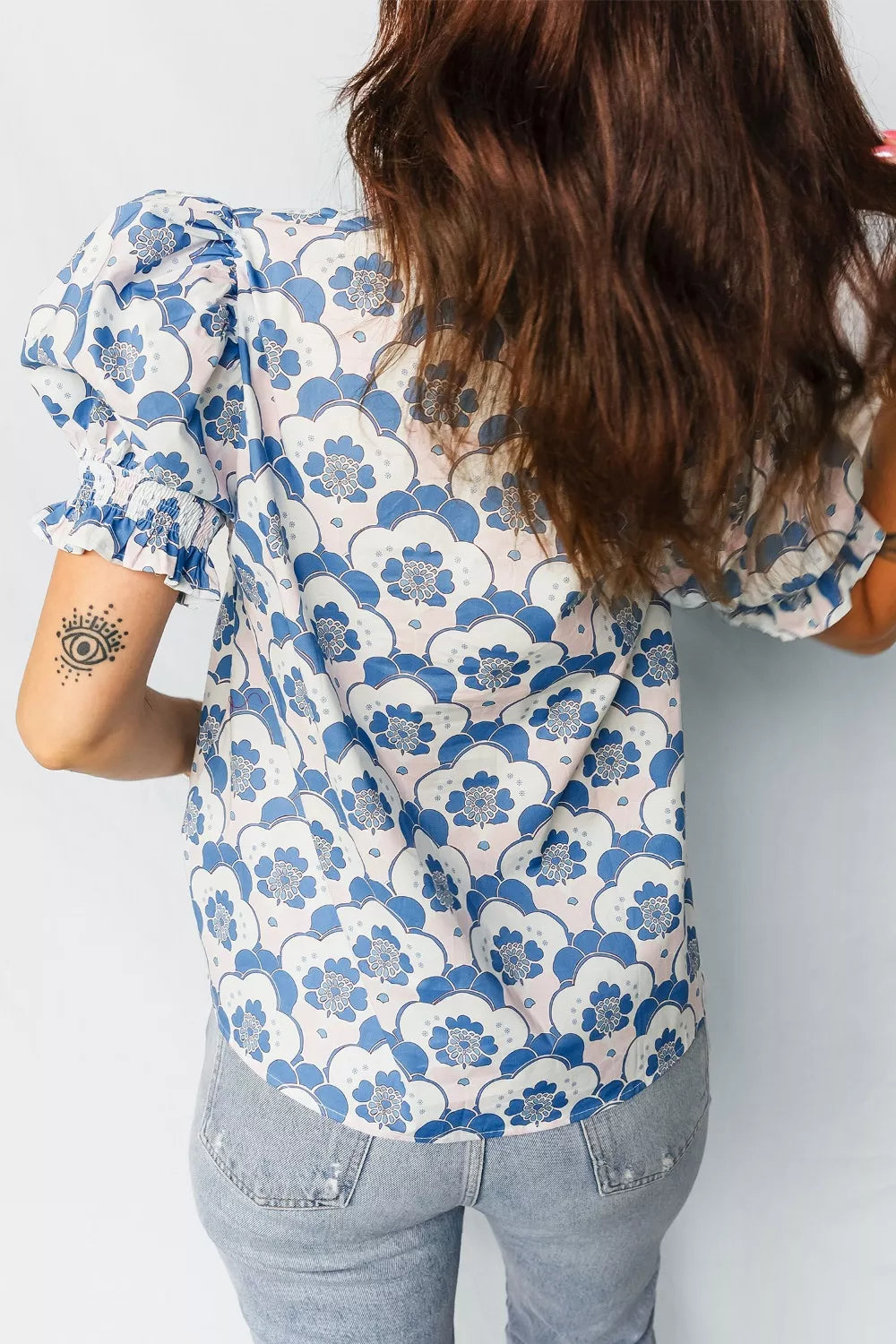 Floral Print Flounced Short Sleeve Contrast Trim V Neck Blouse