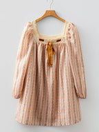 Floral Print Bow Lace Patchwork Long Sleeve Loose Mini Dress