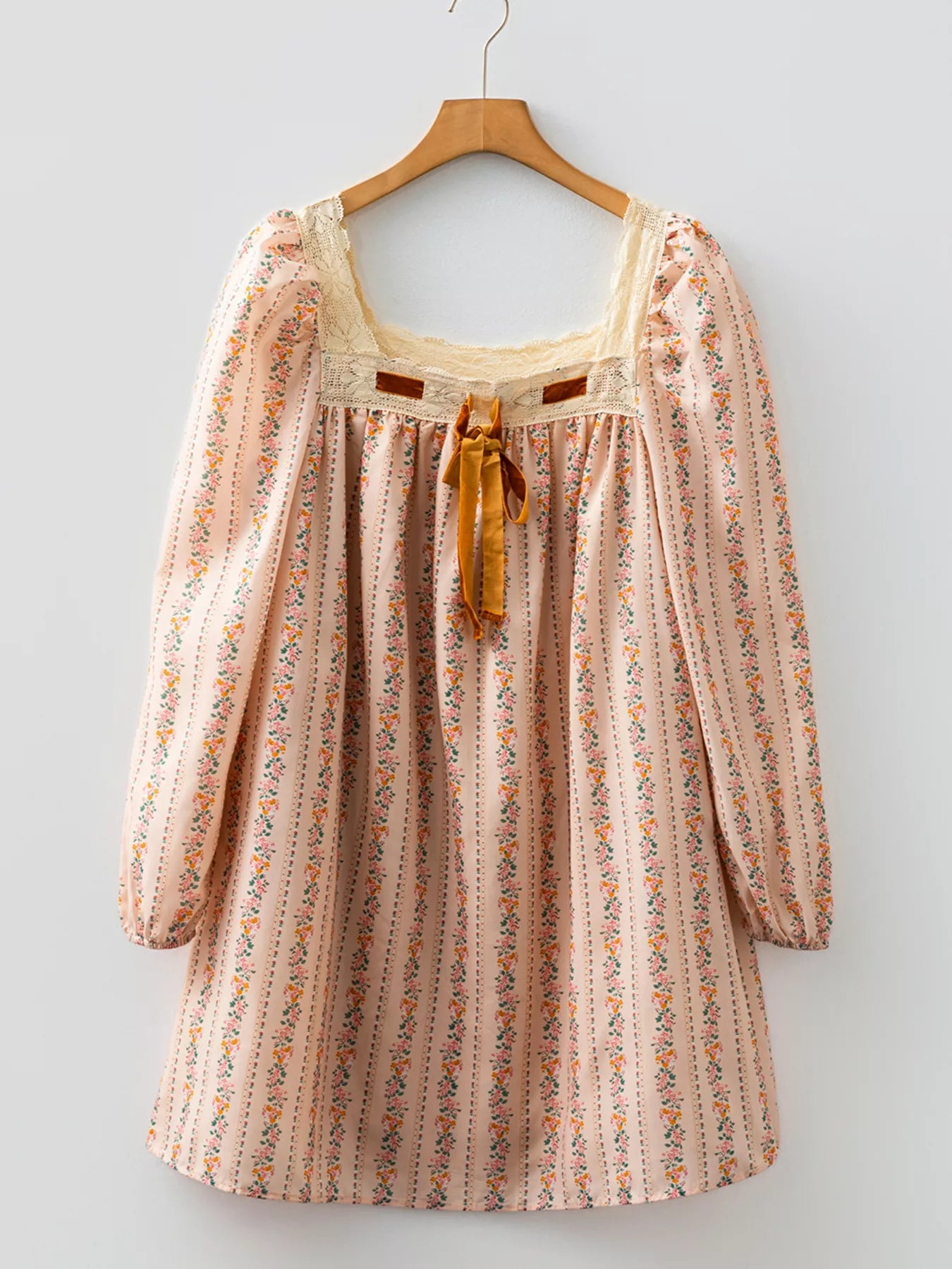 Floral Print Bow Lace Patchwork Long Sleeve Loose Mini Dress