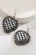 Black Crystal Checkered Heart Studded Trim Vintage Earrings