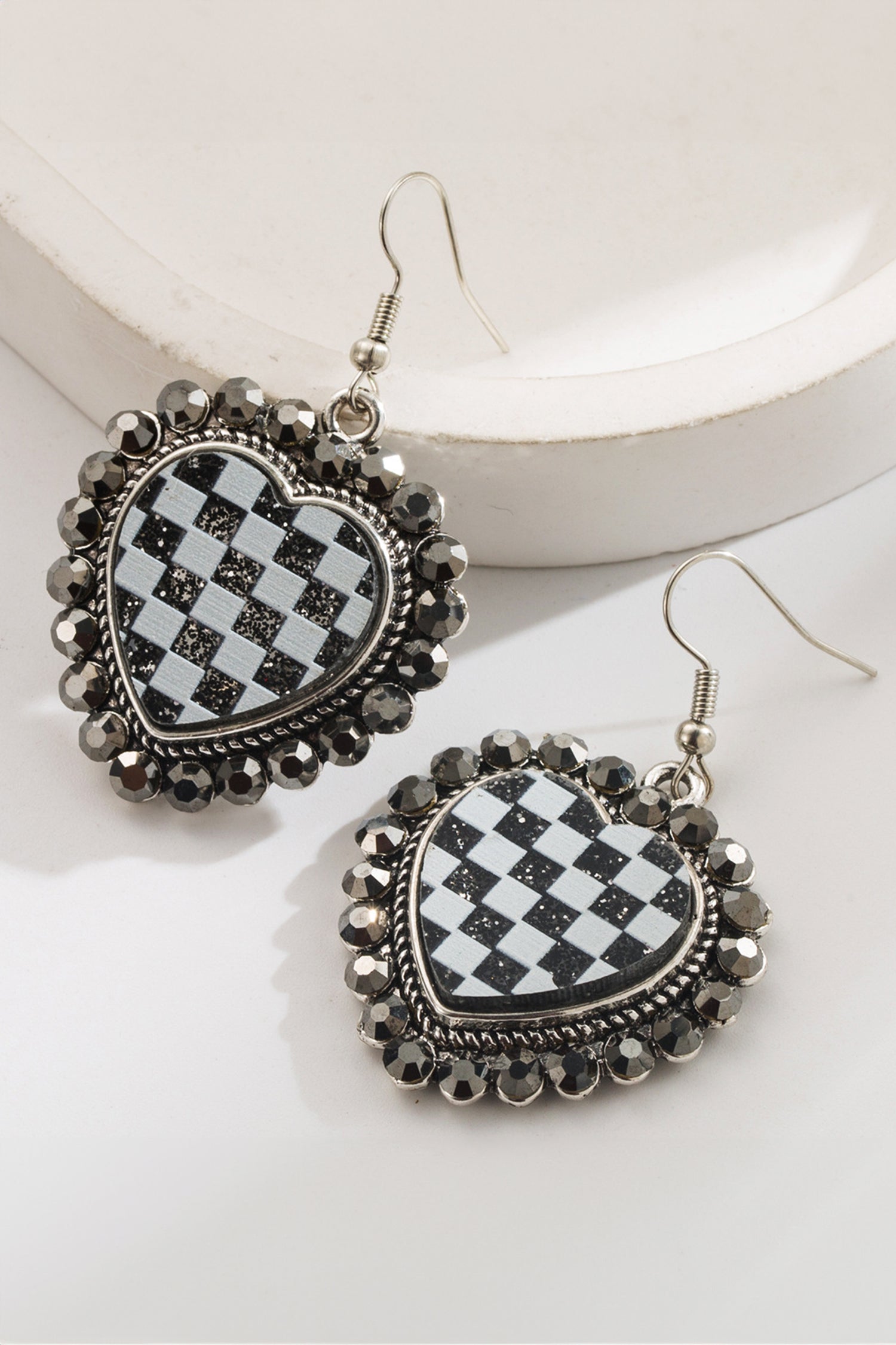 Black Crystal Checkered Heart Studded Trim Vintage Earrings
